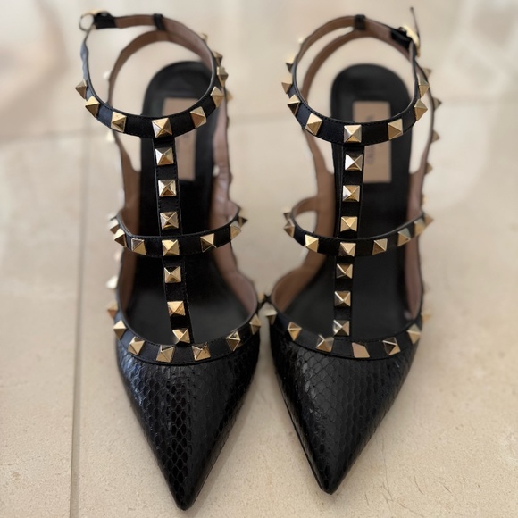 Valentino Black Snakeskin and Patent Leather Rockstud Ankle Strap Pumps - Picture 1 of 8